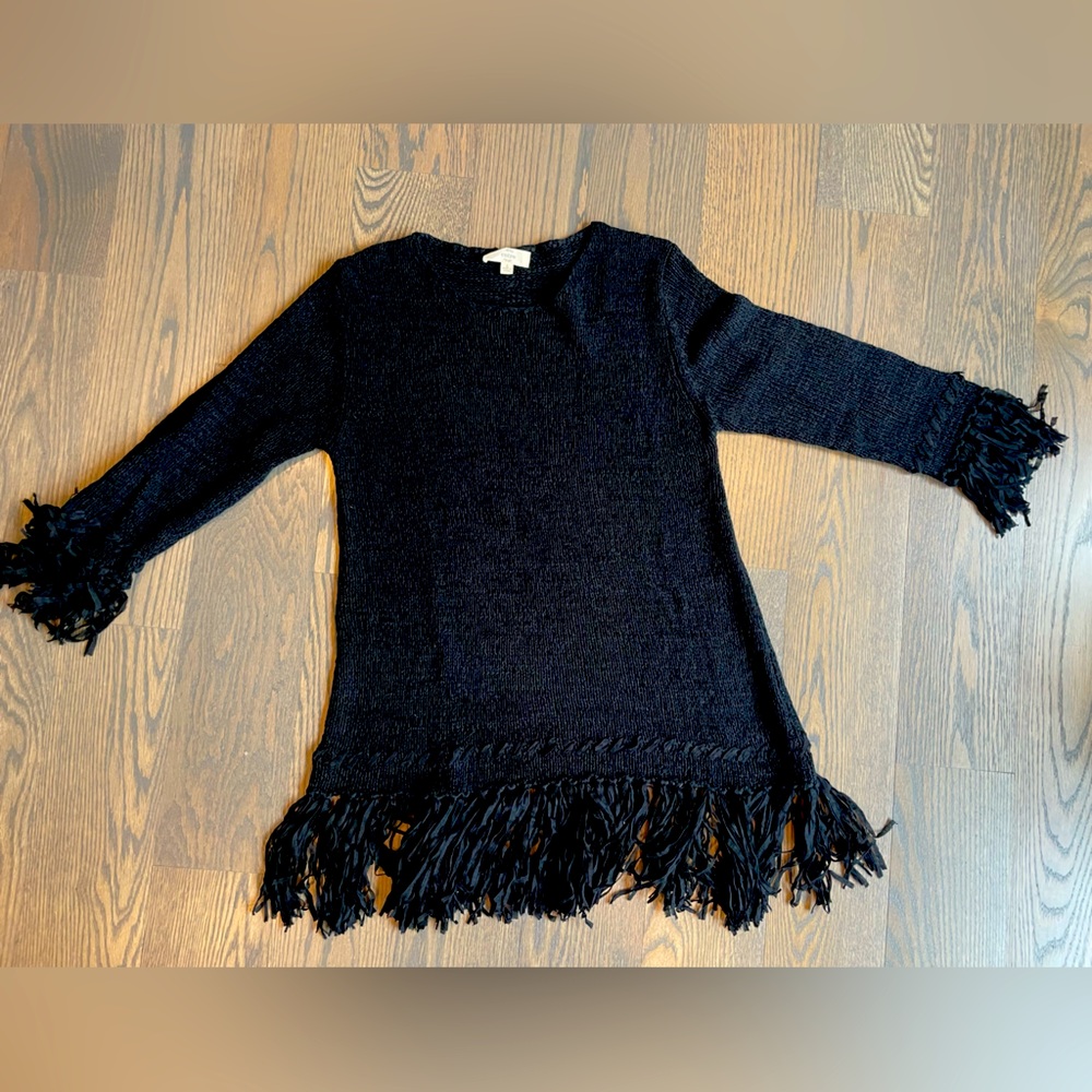 Entero Open Weave Knit Sweater with Fringe Detail